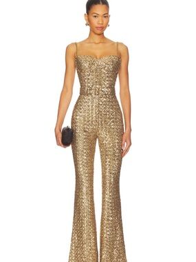 Gold Sequin Wide-Leg Jumpsuit with Belted Waist